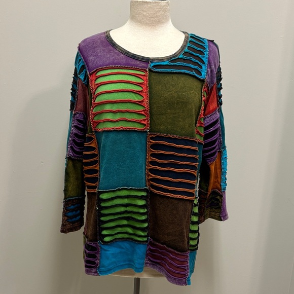 VTG Rising International Patchwork Texture Shirt Distressed Punk Boho Grunge XL - Picture 1 of 11